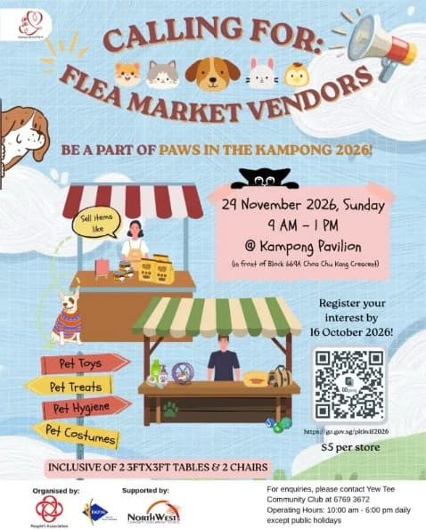 Yew Tee’s Paws in the Kampong 2026 vendor invitation poster showing 29 November, 9am–1pm at Kampong Pavilion
