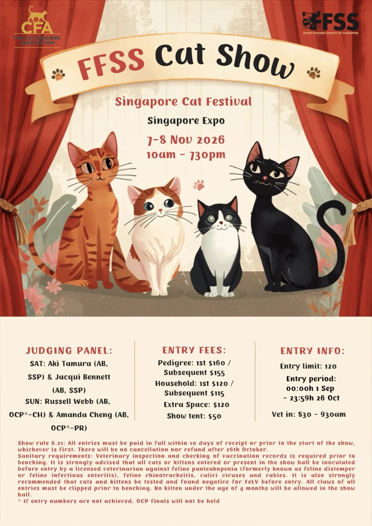 Feline Fanciers Society of Singapore’s official cat-show flyer for its cat show at Singapore Cat Festival on 7–8 November 2026
