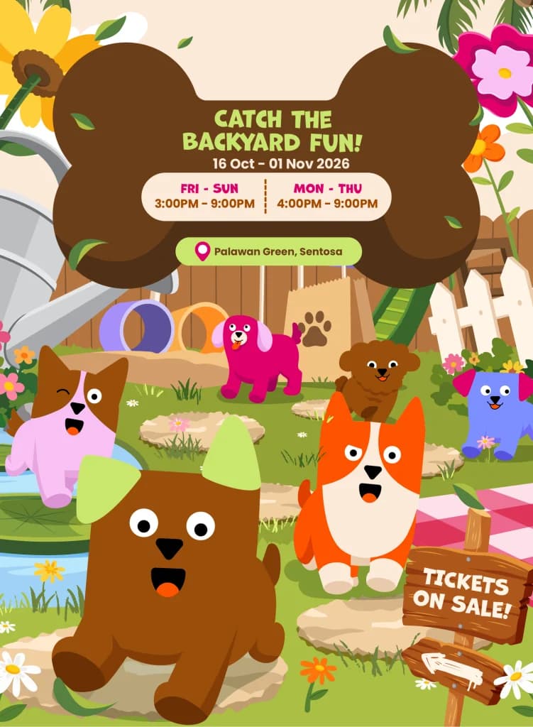 Official Singapore Dog Festival 2026 artwork showing the festival dates, Palawan Green venue and illustrated dogs