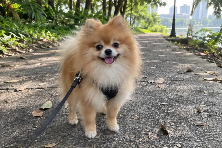 Mochi on a shady park walk in her harness