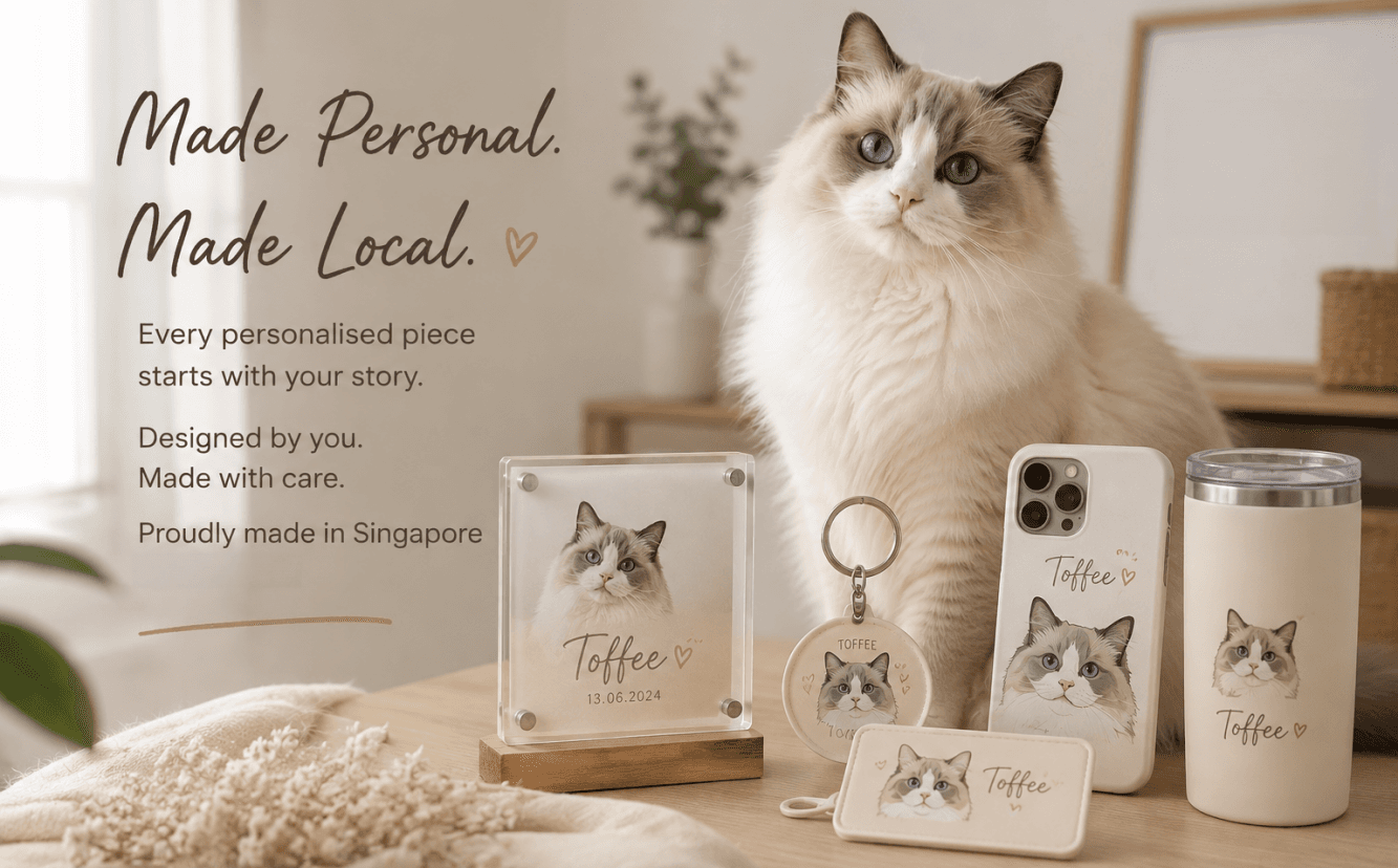 Toffee with personalised PawMe keepsakes and everyday products