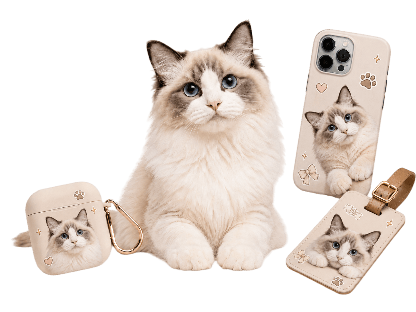 Custom pet pieces with a cat, phone case, AirPods case, and luggage tag