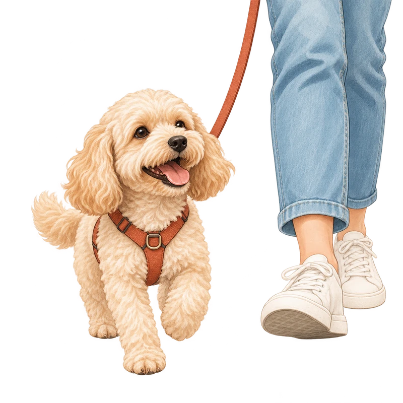Illustration of a happy dog walking beside a pet sitter