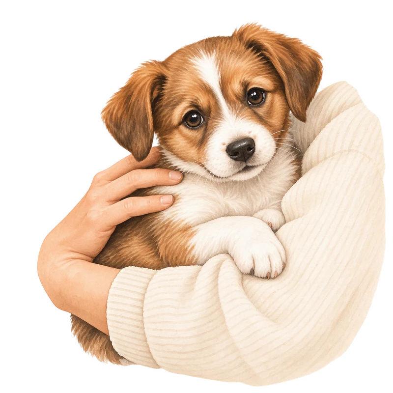 Illustration of a puppy held gently in caring hands
