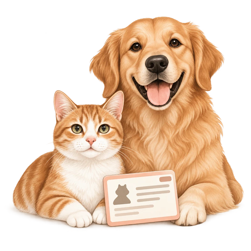Illustration of a dog and cat beside a pet identification card