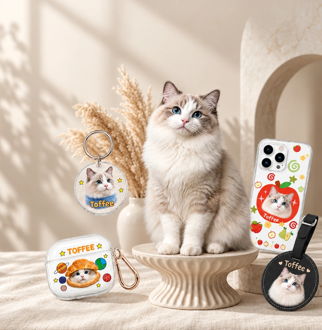 Toffee the cat with a custom pet keychain, AirPods case, phone case, and luggage tag