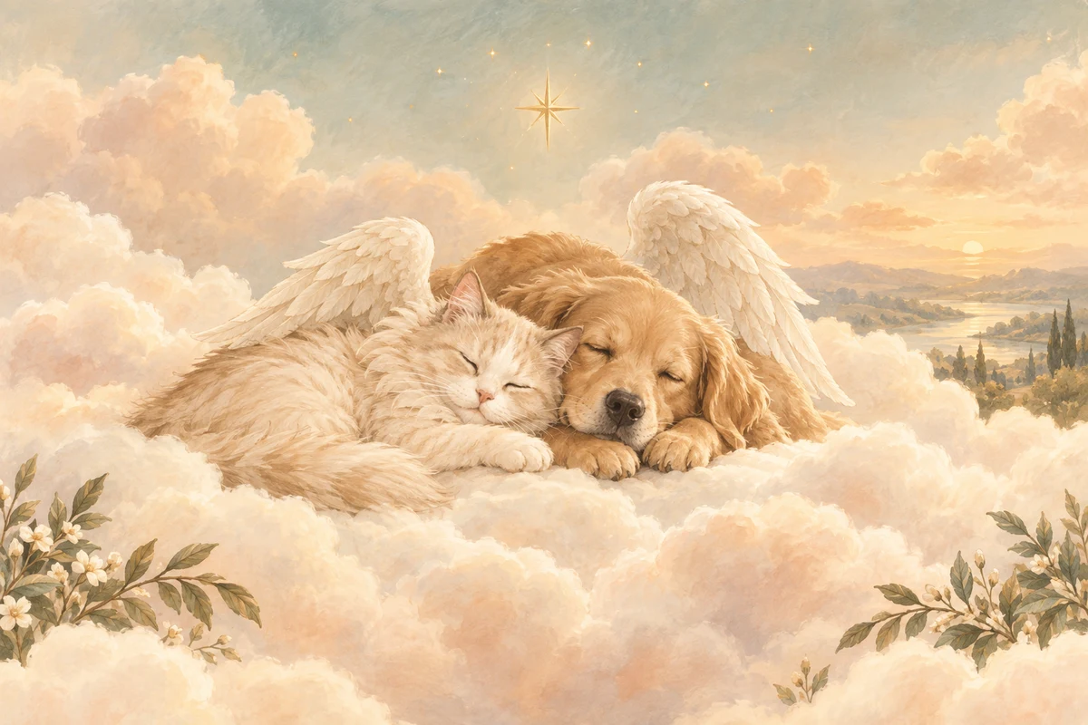 A cat and dog with delicate angel wings resting together on soft clouds